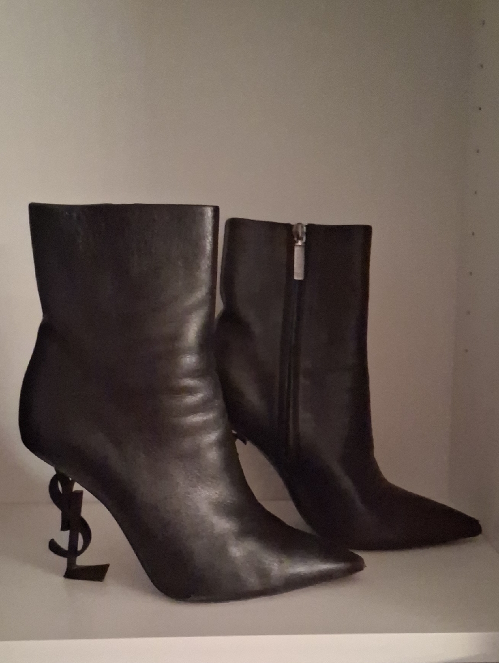 Yves Saint Laurent Black Leather Ankle Boots with Logo Heel Accent